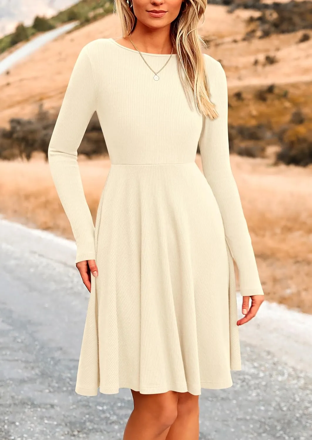 PRETTYGARDEN Women's Spring Fall Short Dress Ribbed Knit Crewneck Long Sleeve A Line Flowy Casual Elegant Going Out Dresses