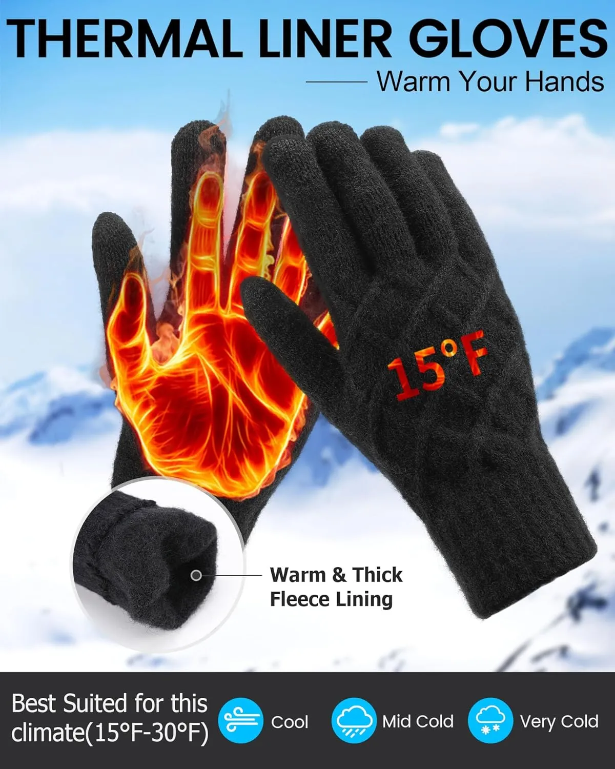 REACH STAR 2 Pairs Winter gloves for women Touch screen Elastic Thermal knit Lining Warm Gloves for Cold weather
