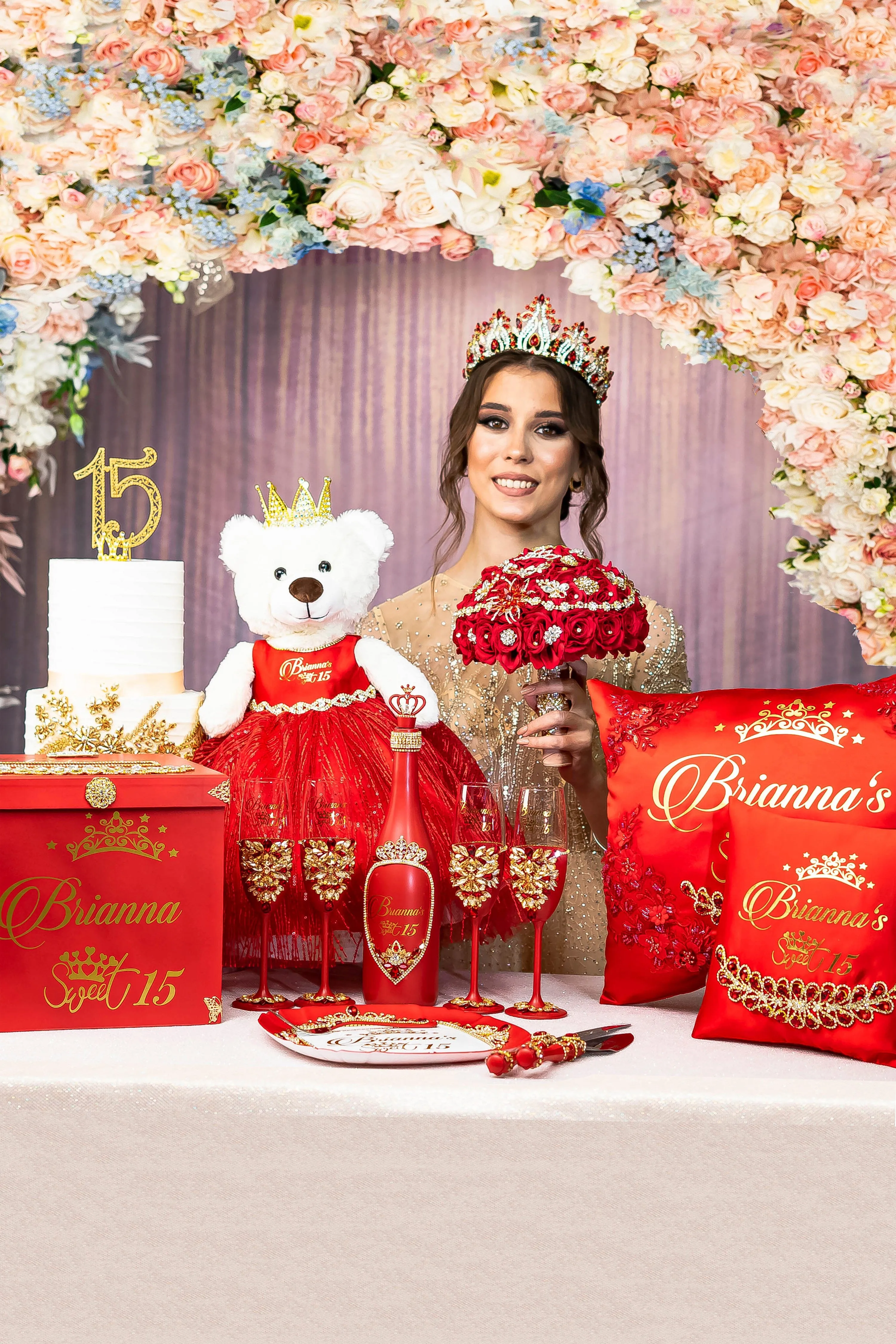 Red last teddy bear for quinceanera