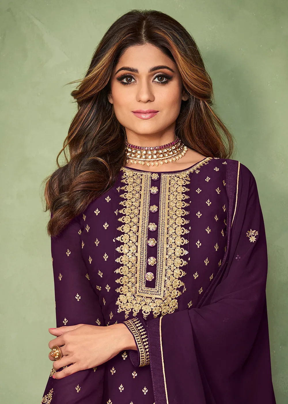 Shamita Shetty Purple Long Floor Length Anarkali Suit