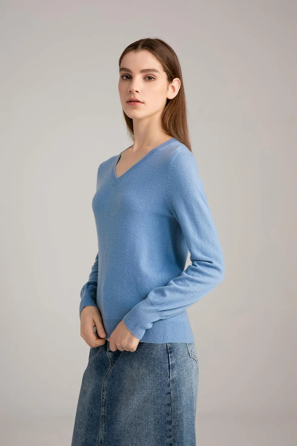 State Cashmere Womens Essential V-Neck Sweater 100% Pure Cashmere Classic Long Sleeve Pullover