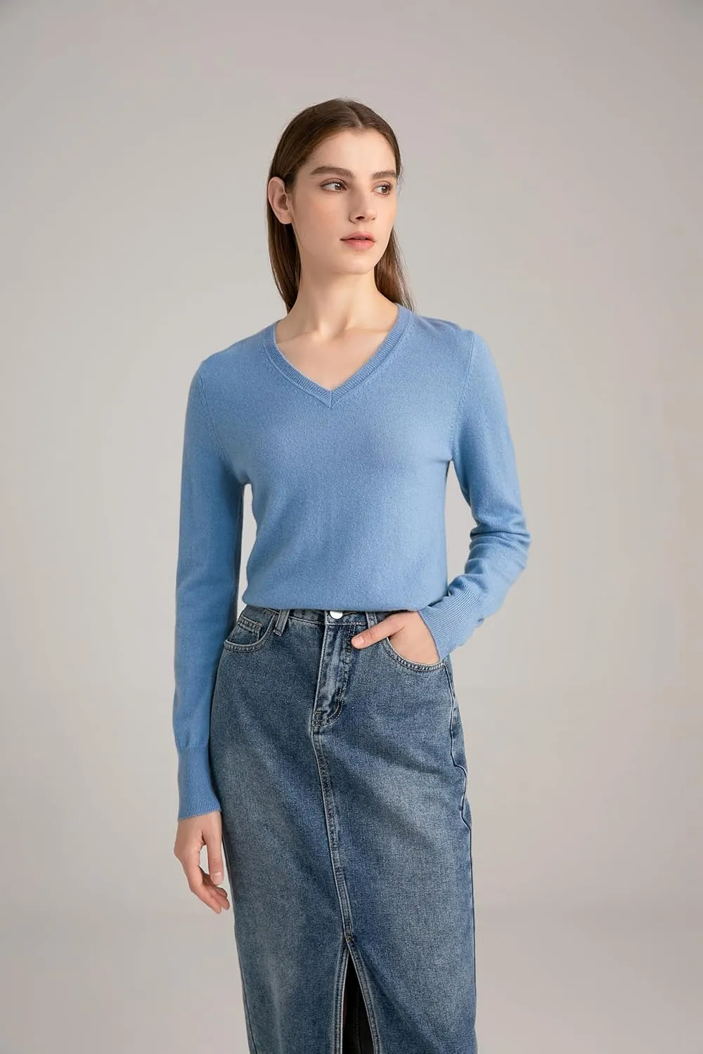 State Cashmere Womens Essential V-Neck Sweater 100% Pure Cashmere Classic Long Sleeve Pullover