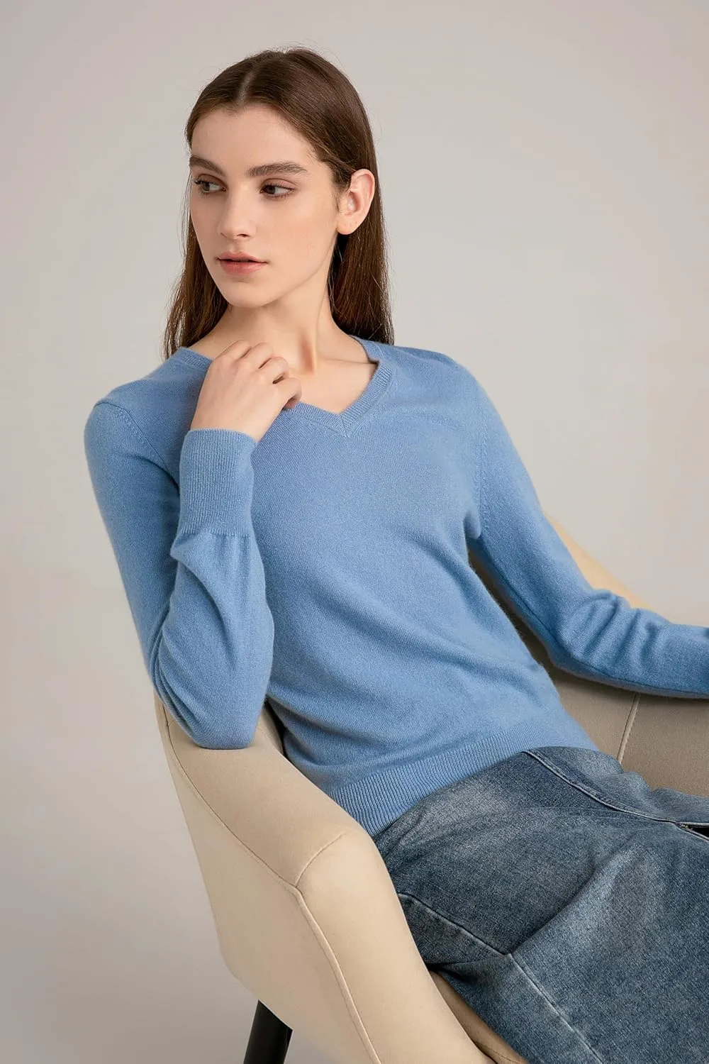 State Cashmere Womens Essential V-Neck Sweater 100% Pure Cashmere Classic Long Sleeve Pullover