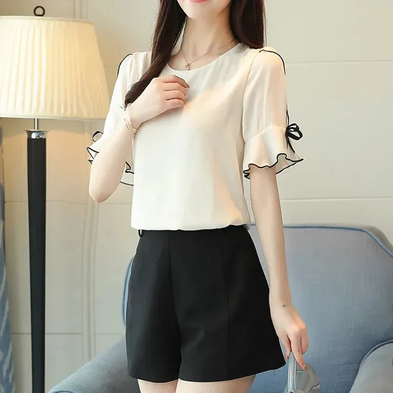 Sweet Fashionable Bow Short Elegant Summer Sleeve Casual Chiffon Top