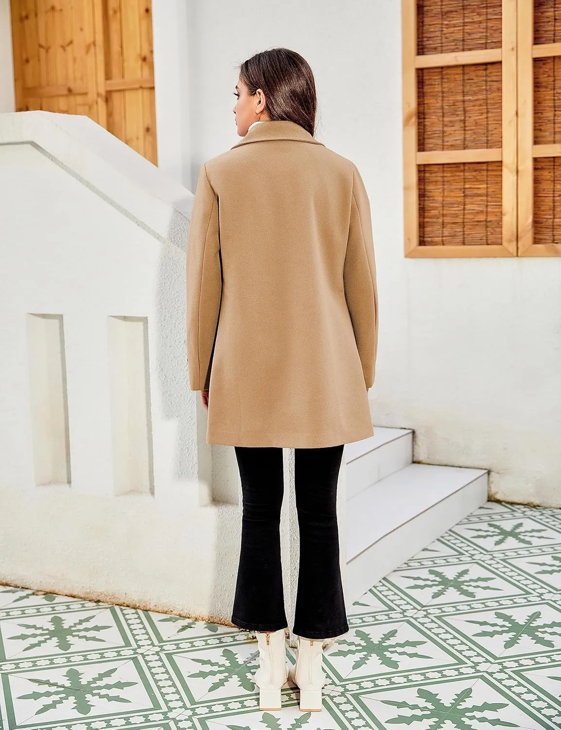 Tanming Women's Winter Double Breasted Coat Black Wool Peacoat Long Sleeve Trench Coat