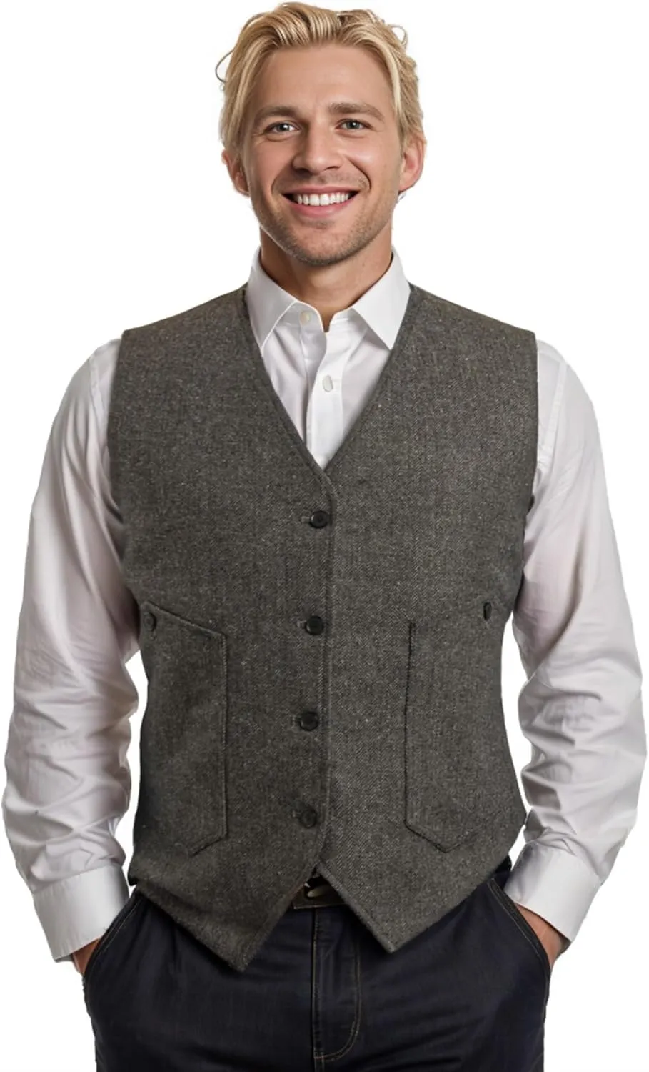 Vest for Men Formal Dress Business Casual Herringbone Tweed Vest Jacket for Men Waistcoat