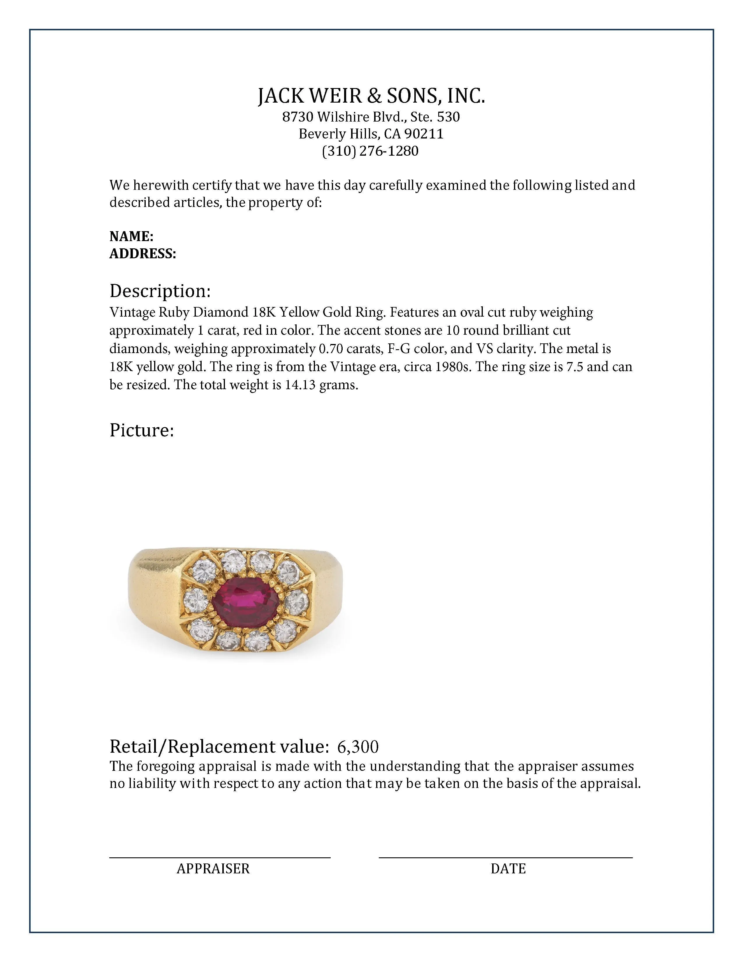Vintage Ruby Diamond 18K Yellow Gold Ring