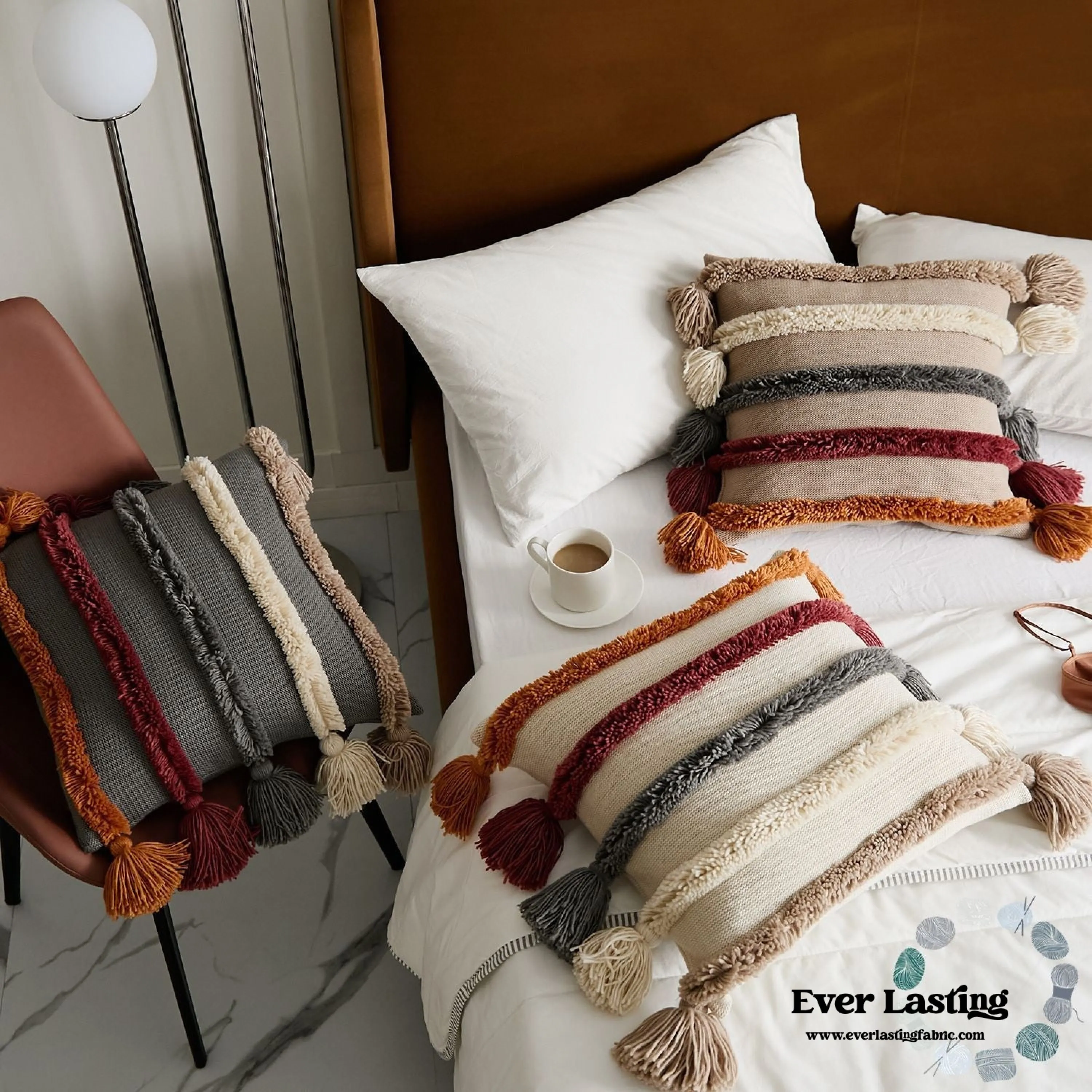 Warm Tone Fall Tufted Pillows with Tassels / Beige
