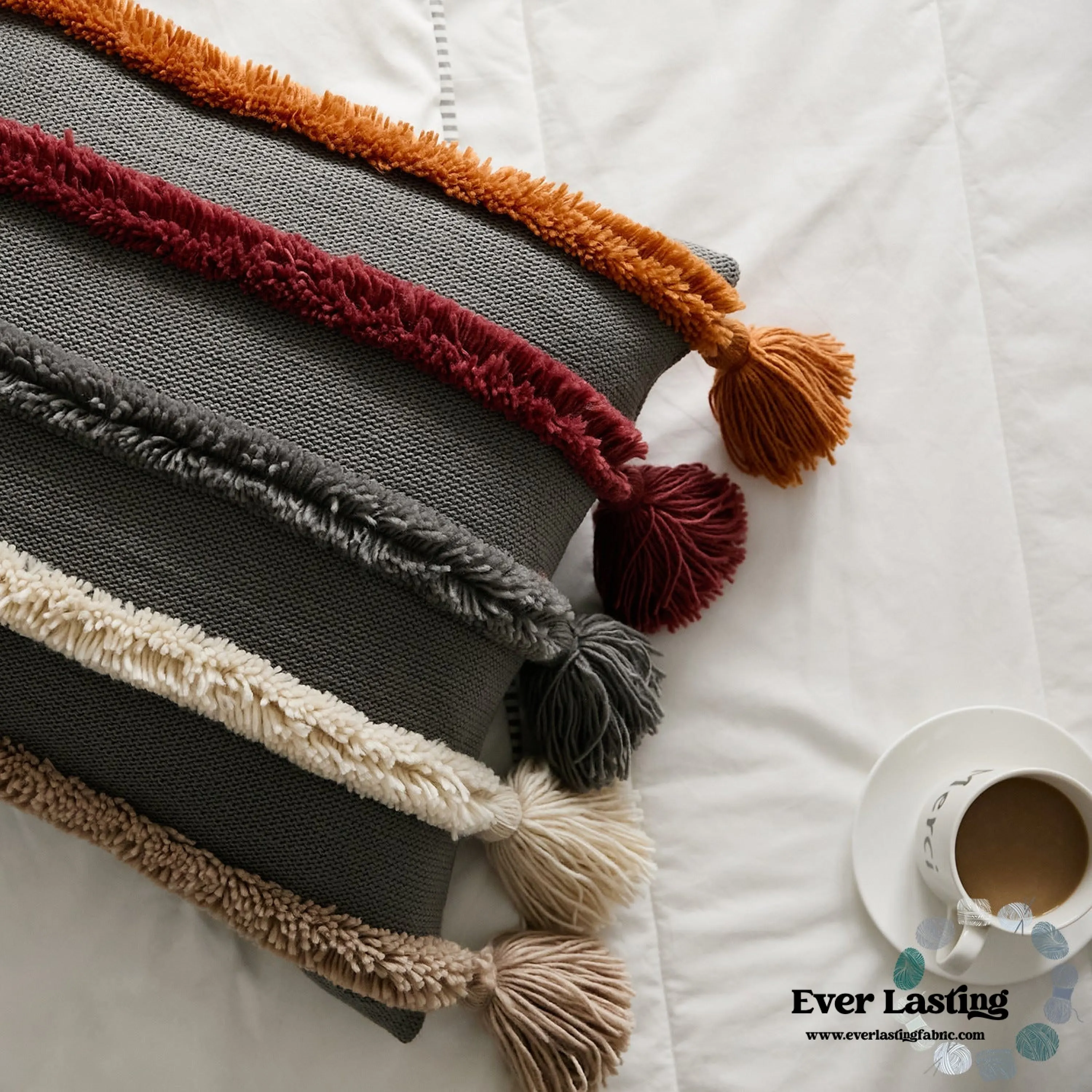 Warm Tone Fall Tufted Pillows with Tassels / Beige