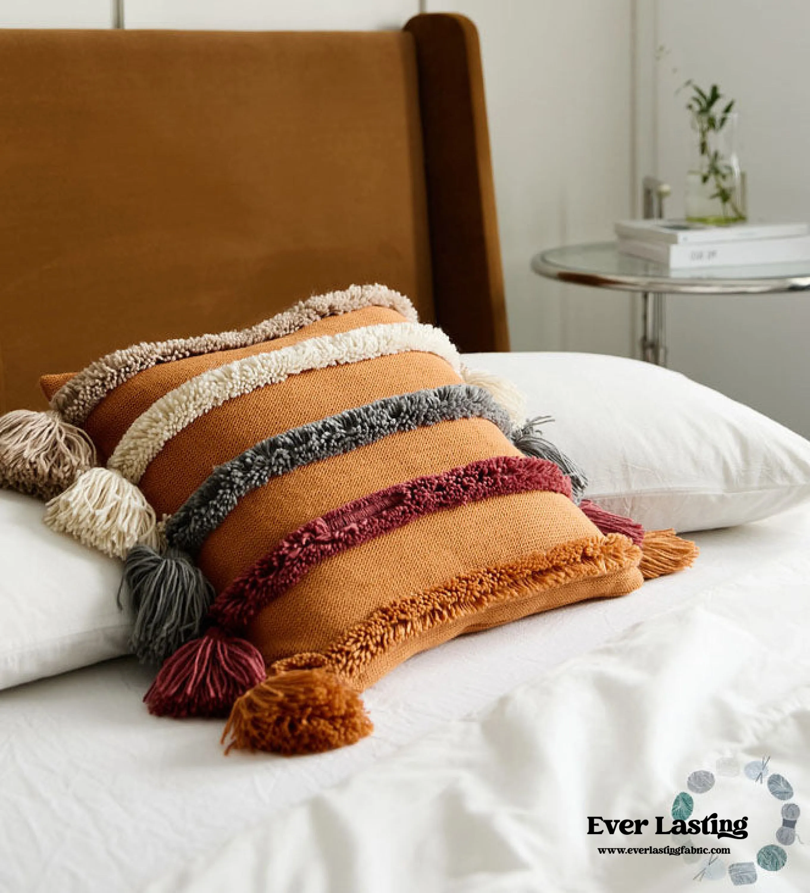 Warm Tone Fall Tufted Pillows with Tassels / Beige