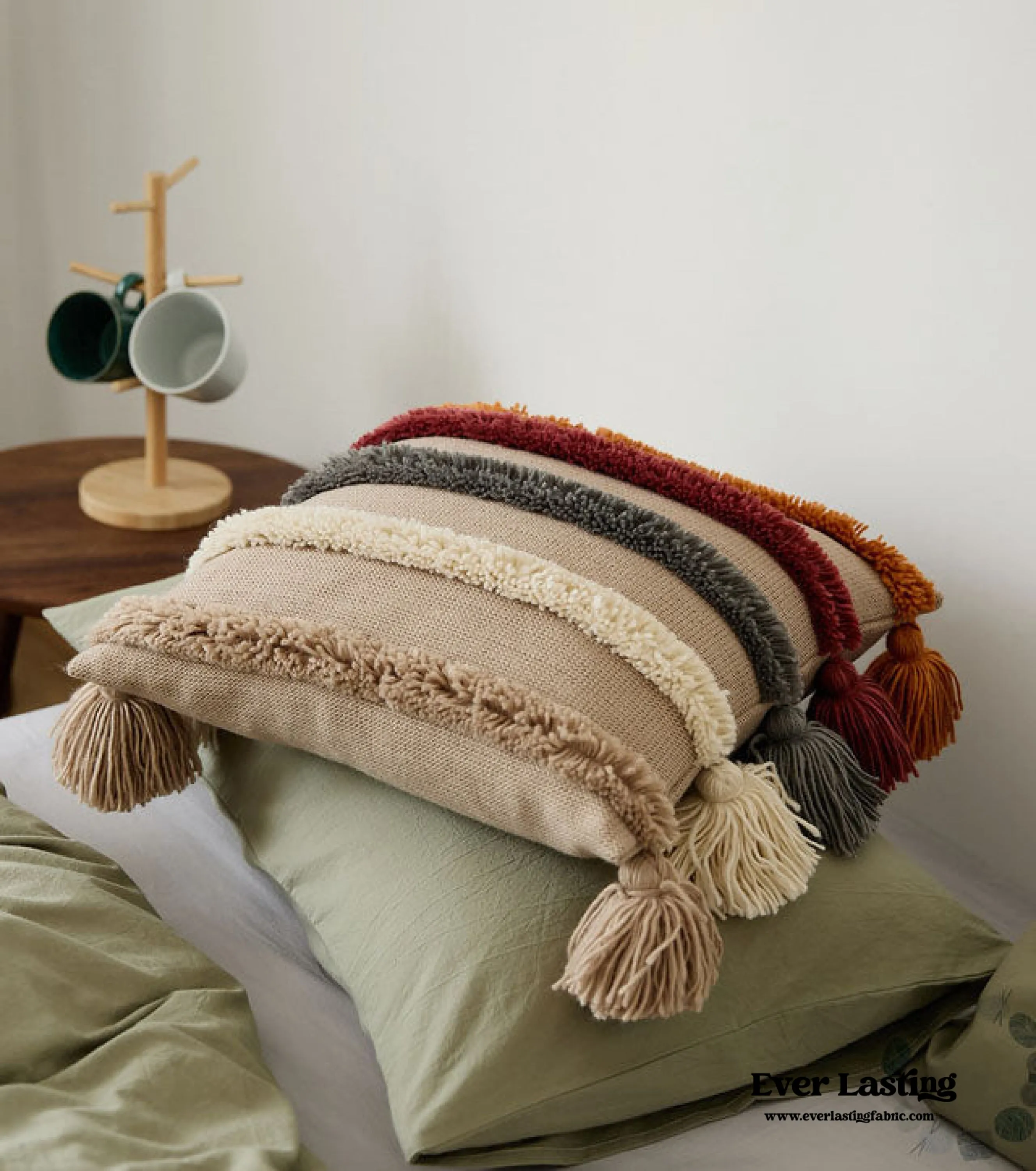 Warm Tone Fall Tufted Pillows with Tassels / Beige