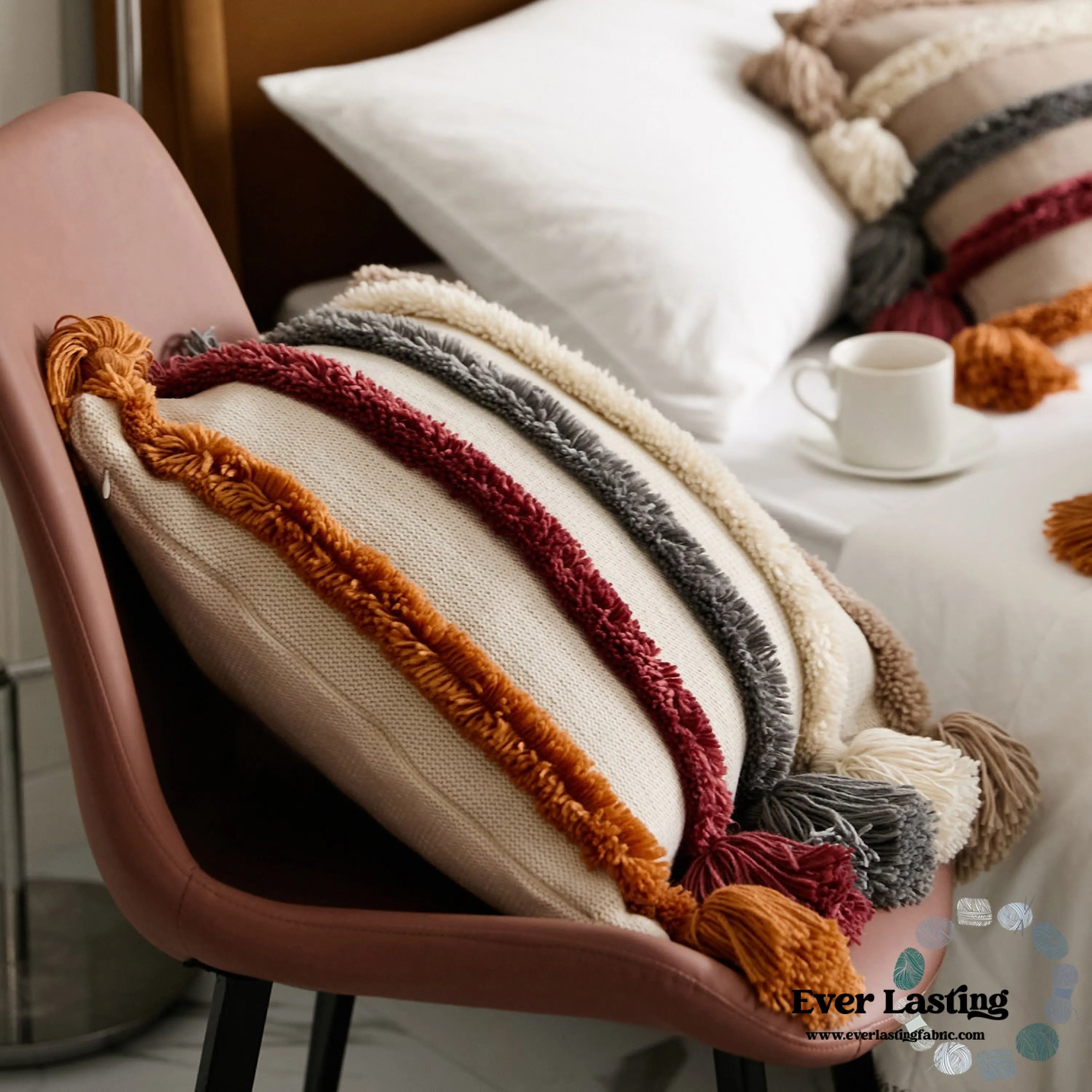 Warm Tone Fall Tufted Pillows with Tassels / Beige