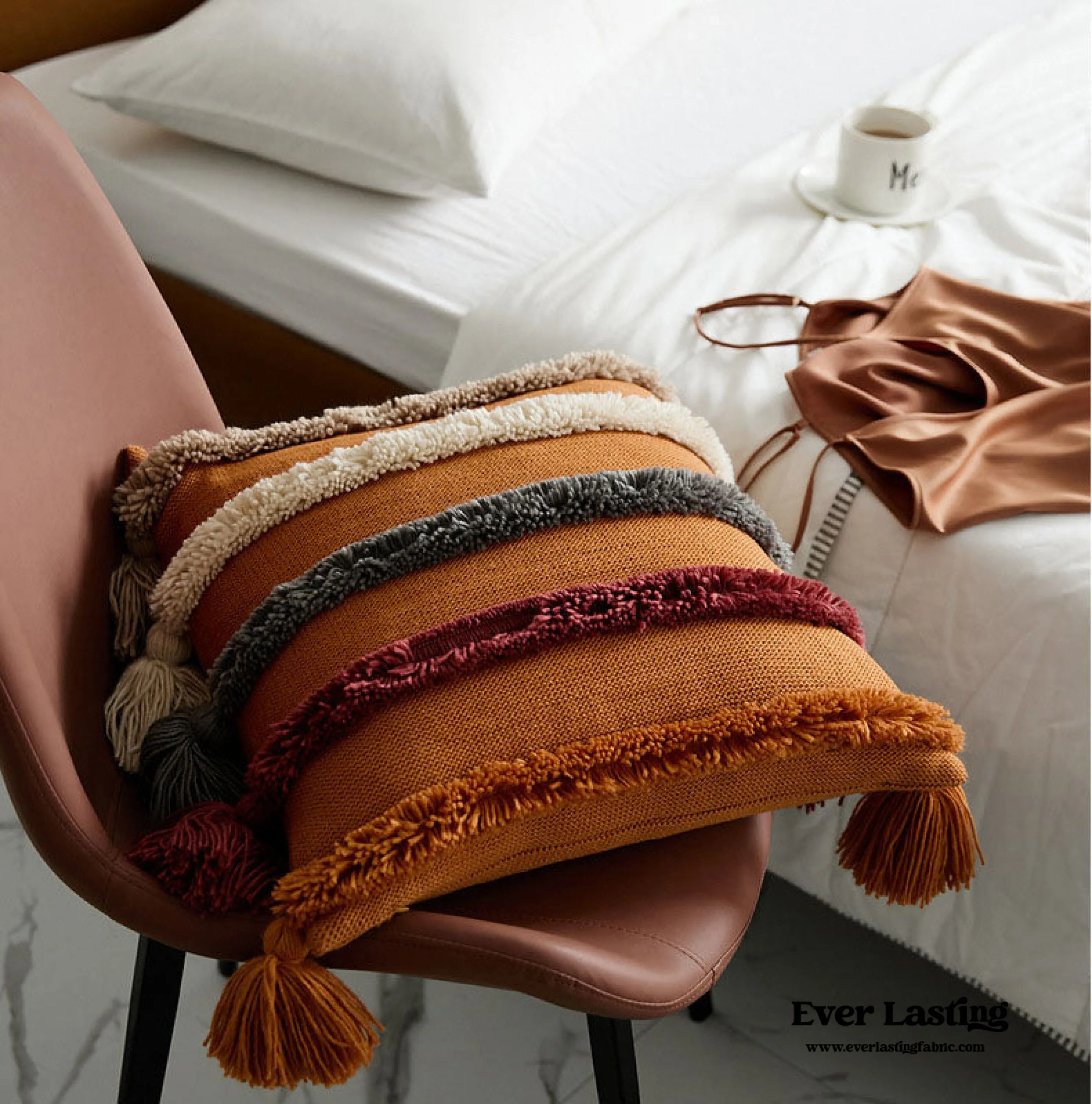 Warm Tone Fall Tufted Pillows with Tassels / Beige
