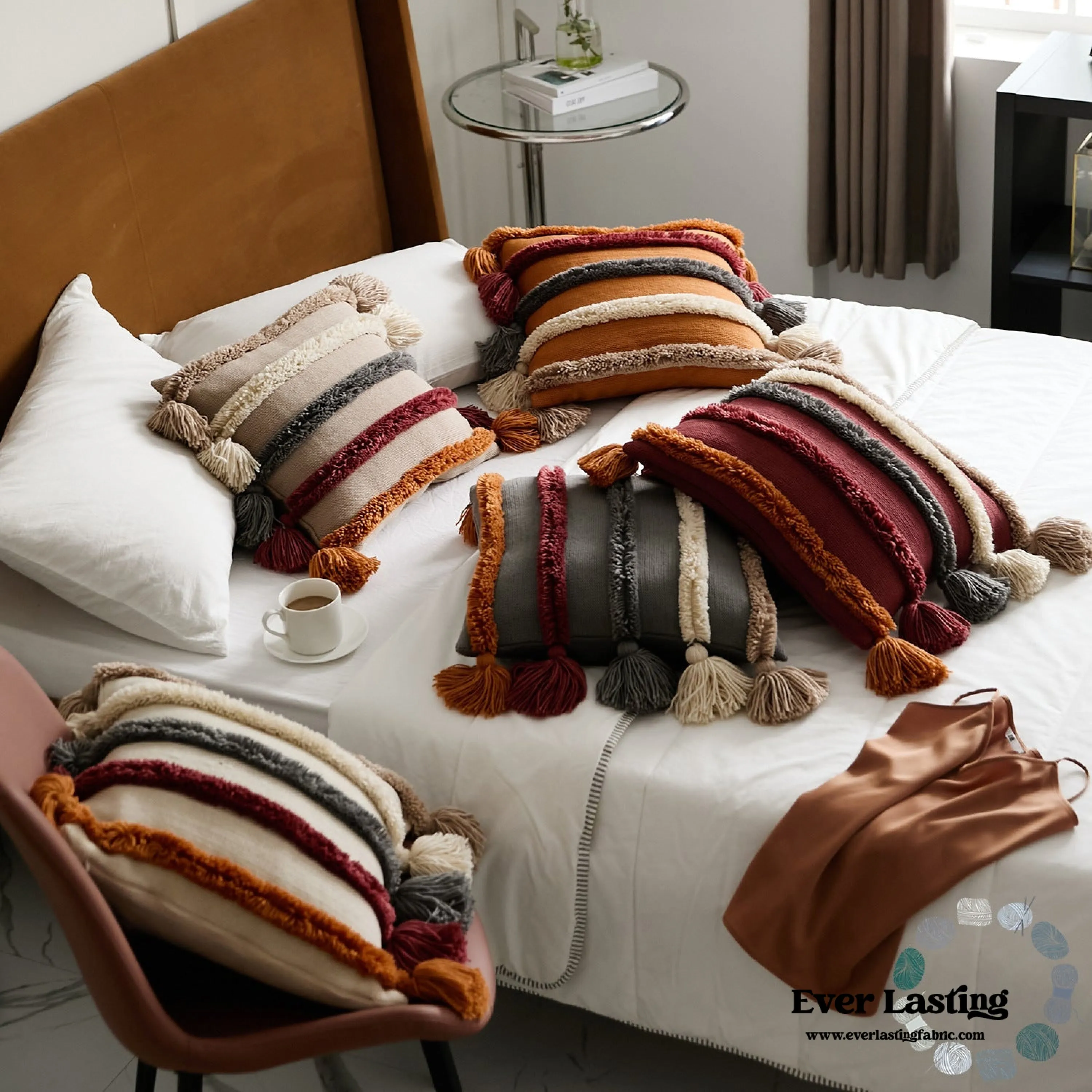 Warm Tone Fall Tufted Pillows with Tassels / Beige