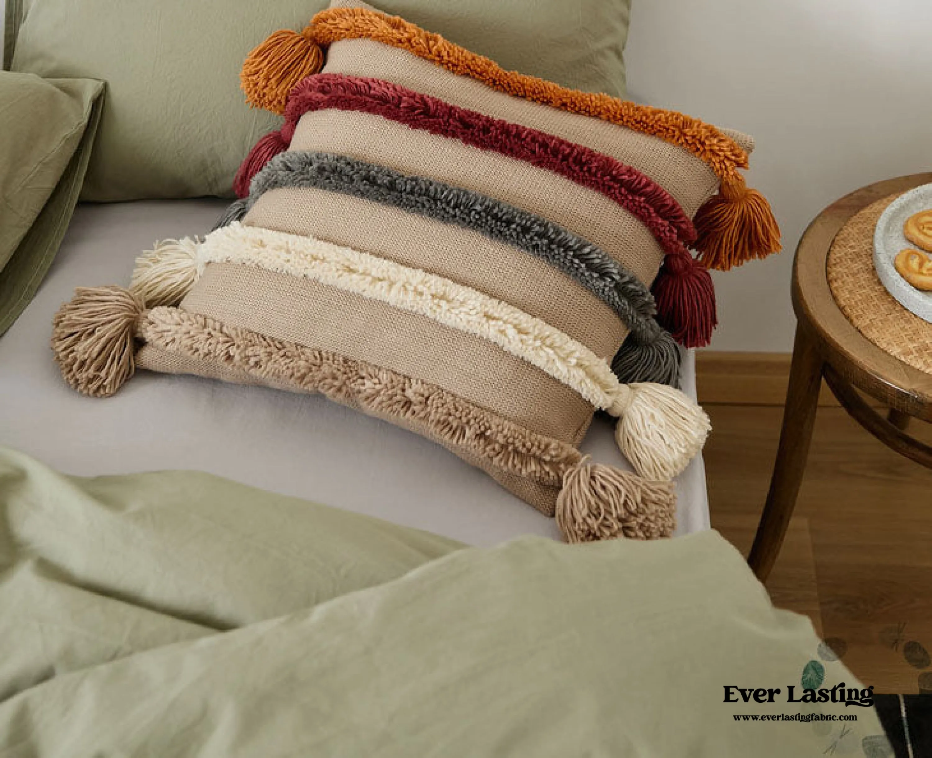 Warm Tone Fall Tufted Pillows with Tassels / Beige