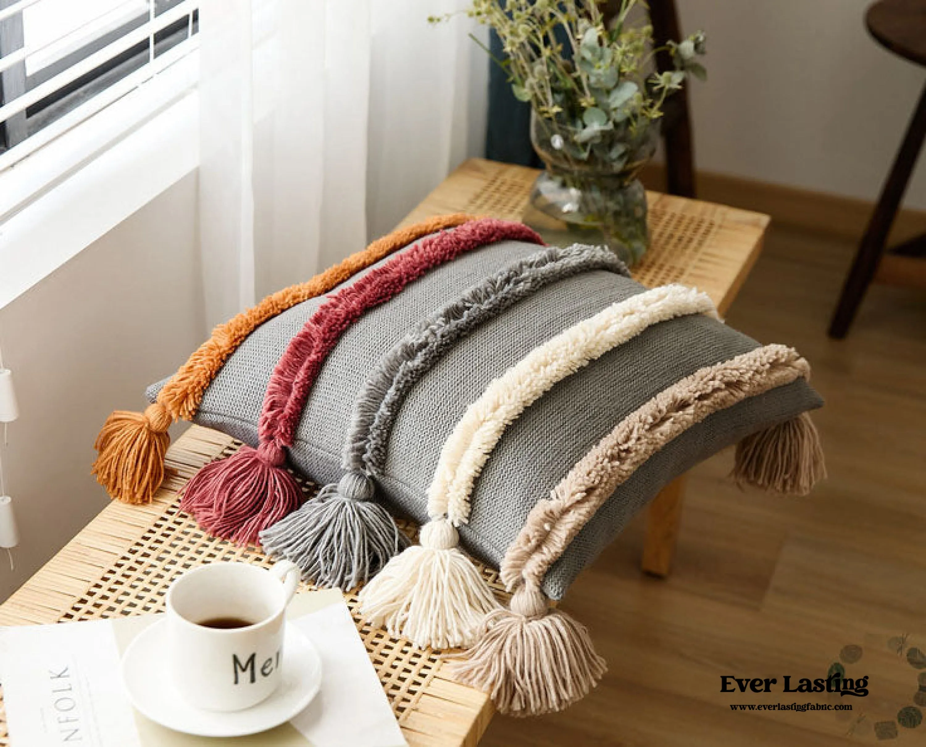 Warm Tone Fall Tufted Pillows with Tassels / Beige