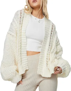 Women Chunky Cute Cardigan Cable Knit Oversized Open Front Sweaters Lantern Sleeve Loose Short Coats Outwear Vintage