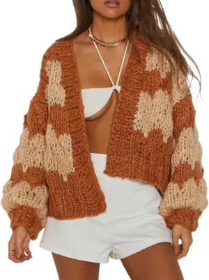 Women Chunky Cute Cardigan Cable Knit Oversized Open Front Sweaters Lantern Sleeve Loose Short Coats Outwear Vintage