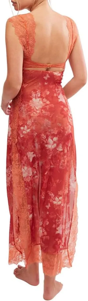 Women Sexy Lace Patchwork Mesh Maxi Dress Floral Print Cutout Sweetheart Neck Backless Slit Summer Y2K Long Dresses