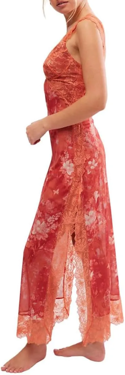 Women Sexy Lace Patchwork Mesh Maxi Dress Floral Print Cutout Sweetheart Neck Backless Slit Summer Y2K Long Dresses