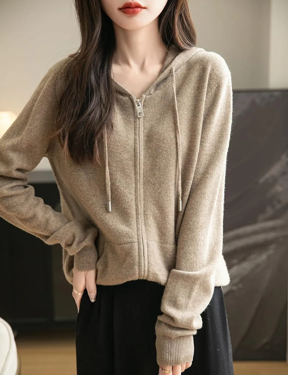 Women's 100% Merino Wool Zip Up Hoodies 2025 Fall Winter Warm Long Sleeve Knit Sweatshirt Cardigan with Pocket