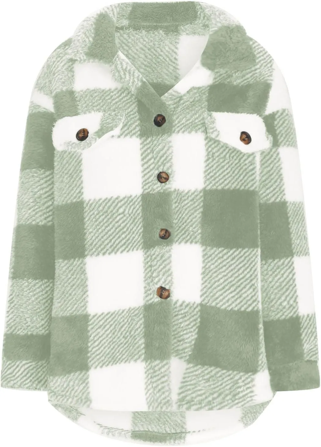 Women's Fuzzy Fleece Plaid Shacket Jacket Checkered Button Down Long Sleeve Shirts Jacket Wth Flap Pockets Plus Size