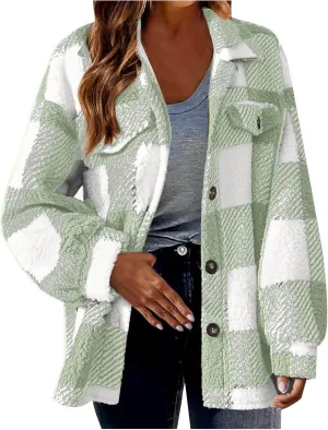 Women's Fuzzy Fleece Plaid Shacket Jacket Checkered Button Down Long Sleeve Shirts Jacket Wth Flap Pockets Plus Size