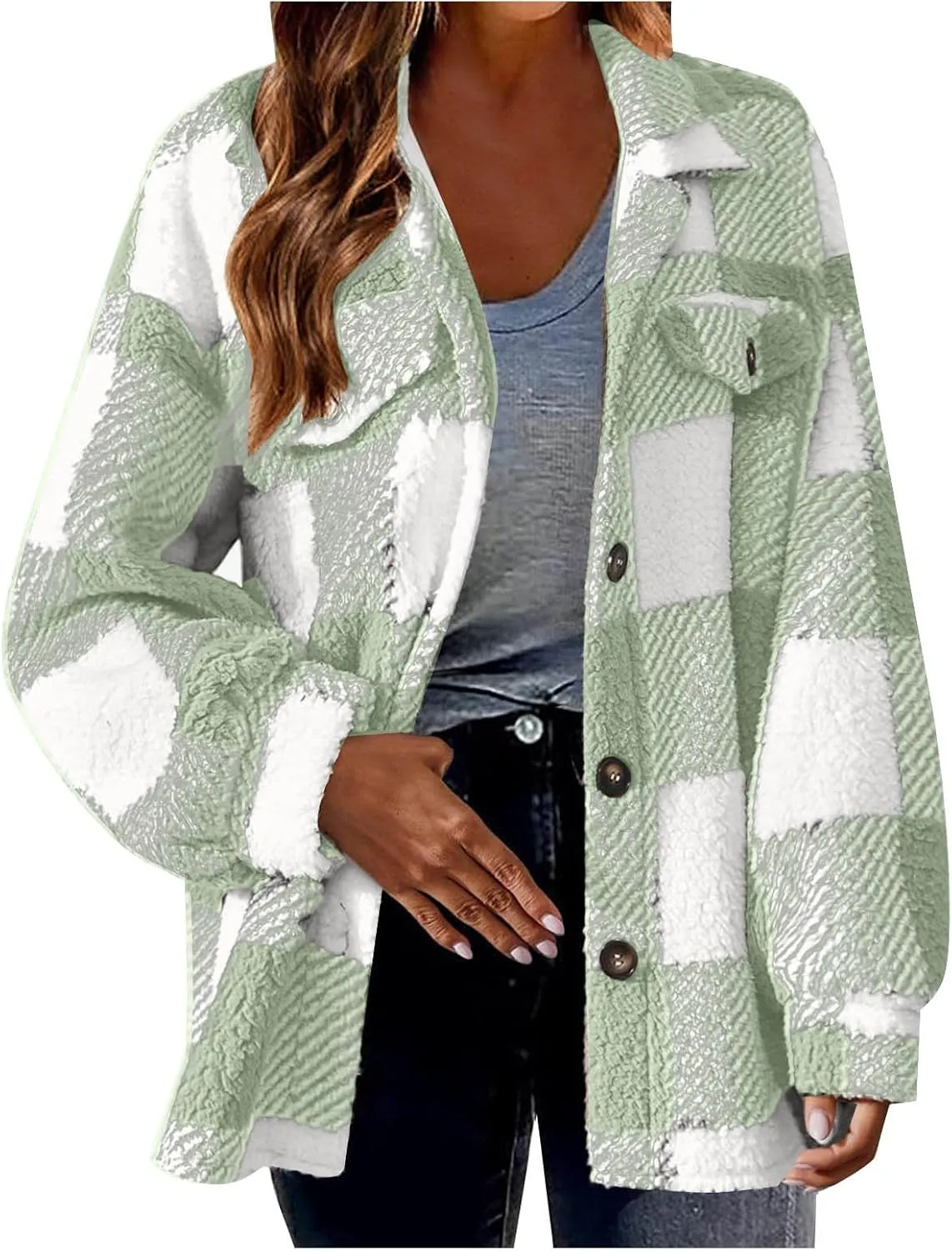 Women's Fuzzy Fleece Plaid Shacket Jacket Checkered Button Down Long Sleeve Shirts Jacket Wth Flap Pockets Plus Size