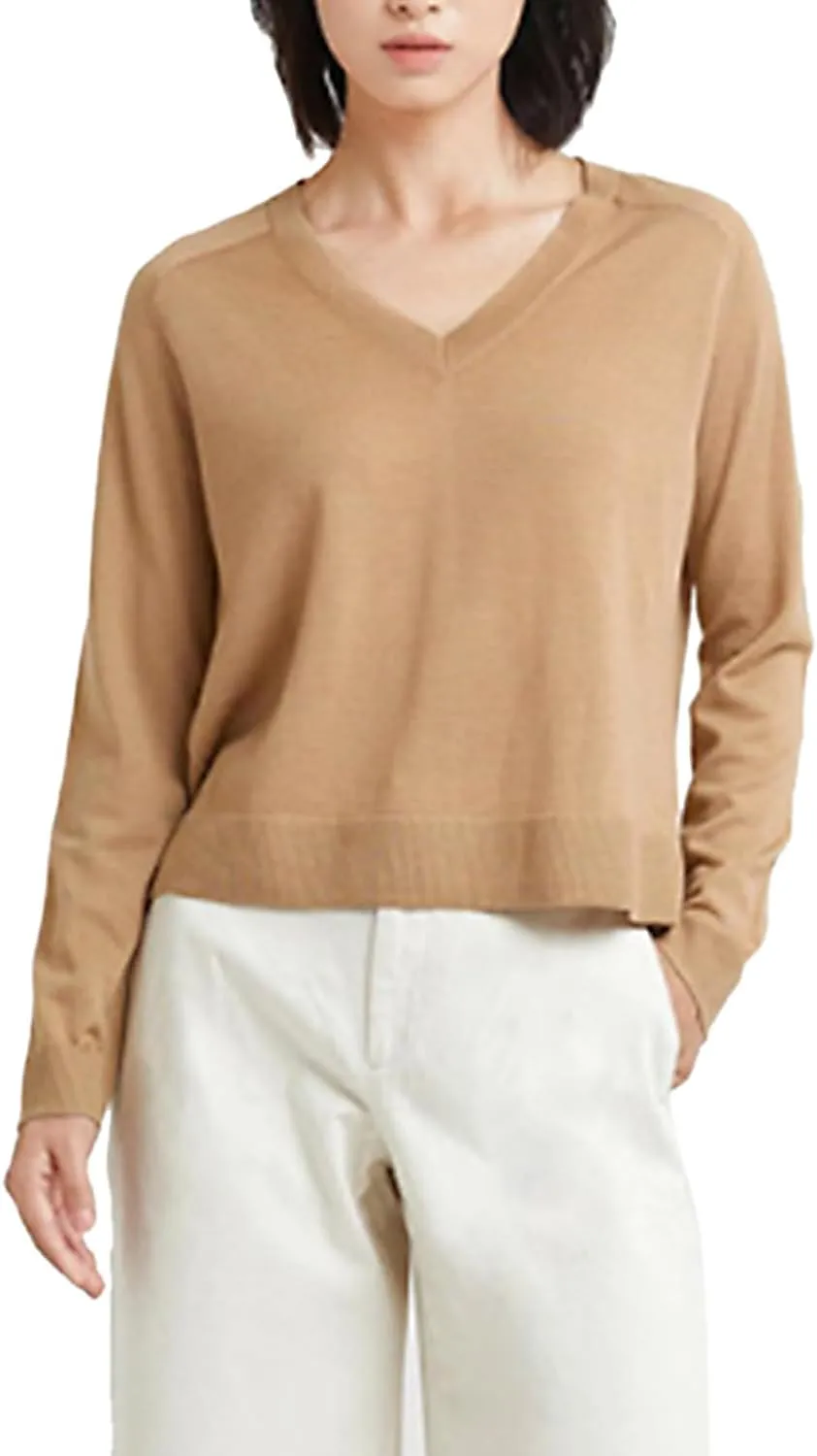 Women's Merino Wool Sweater Casual Lightweight V Neck Raglan Sleeve Knit Top Loose Pullover