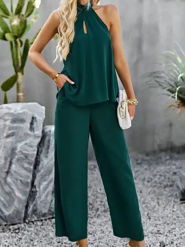Women’s new elegant and fashionable halterneck sleeveless tops and straight pants two-piece set