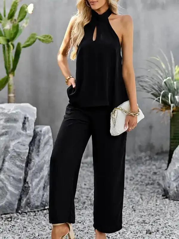 Women’s new elegant and fashionable halterneck sleeveless tops and straight pants two-piece set