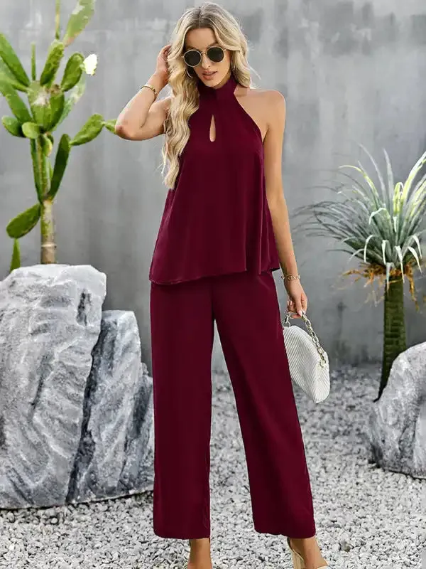 Women’s new elegant and fashionable halterneck sleeveless tops and straight pants two-piece set