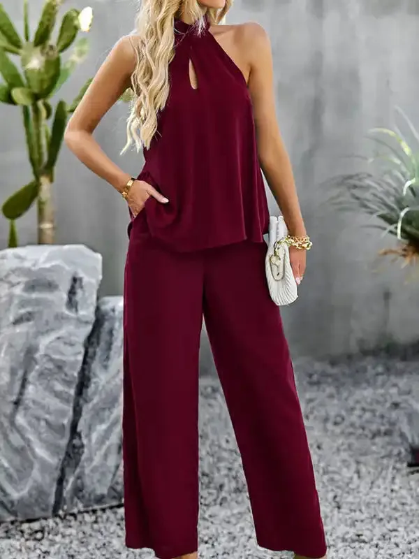 Women’s new elegant and fashionable halterneck sleeveless tops and straight pants two-piece set