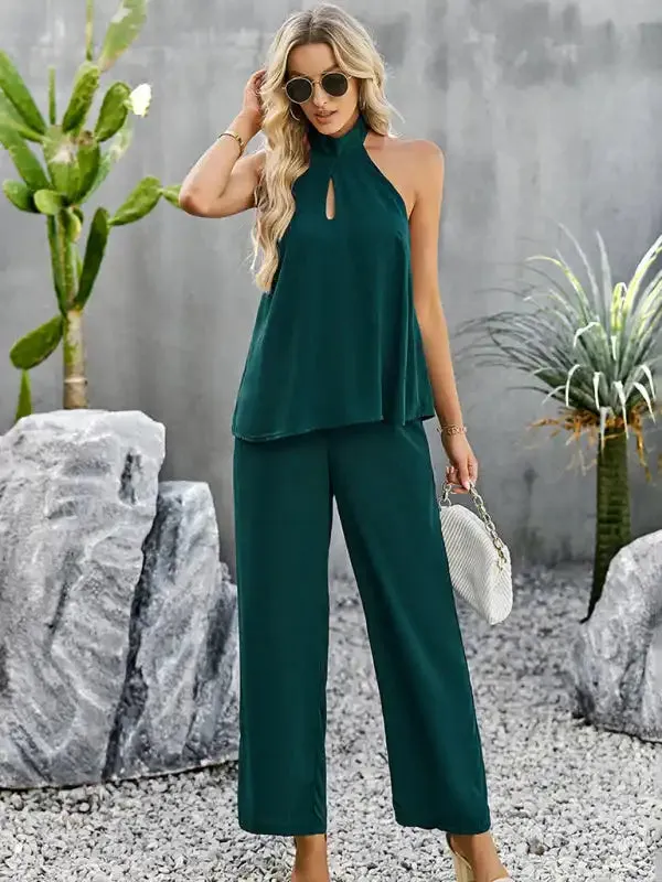 Women’s new elegant and fashionable halterneck sleeveless tops and straight pants two-piece set