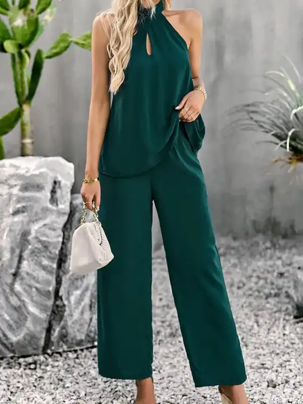 Women’s new elegant and fashionable halterneck sleeveless tops and straight pants two-piece set