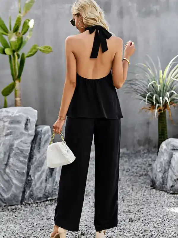 Women’s new elegant and fashionable halterneck sleeveless tops and straight pants two-piece set