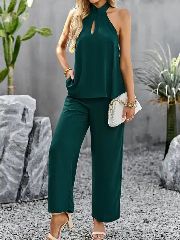 Women’s new elegant and fashionable halterneck sleeveless tops and straight pants two-piece set