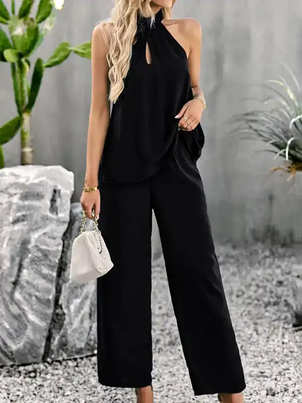 Women’s new elegant and fashionable halterneck sleeveless tops and straight pants two-piece set