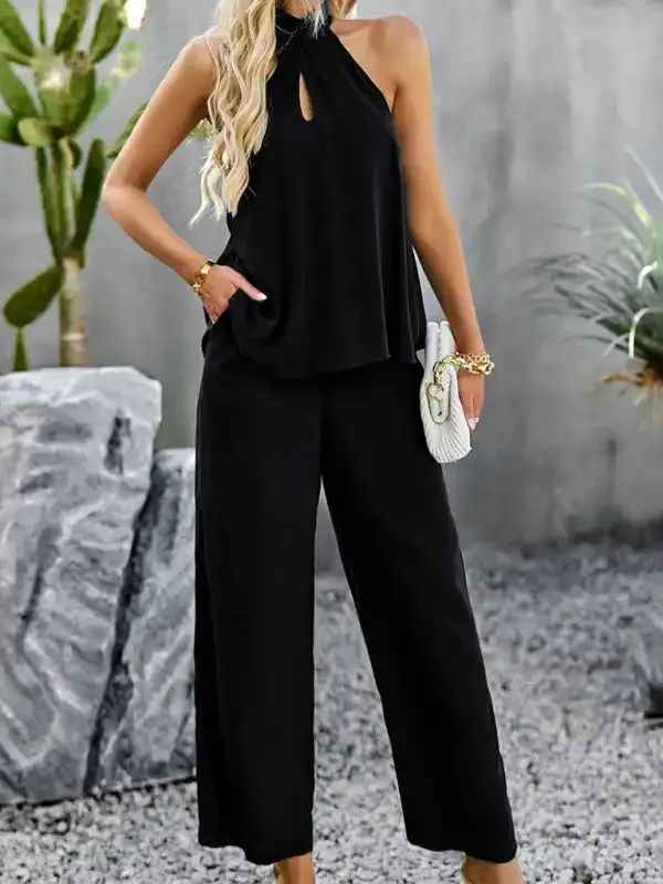 Women’s new elegant and fashionable halterneck sleeveless tops and straight pants two-piece set