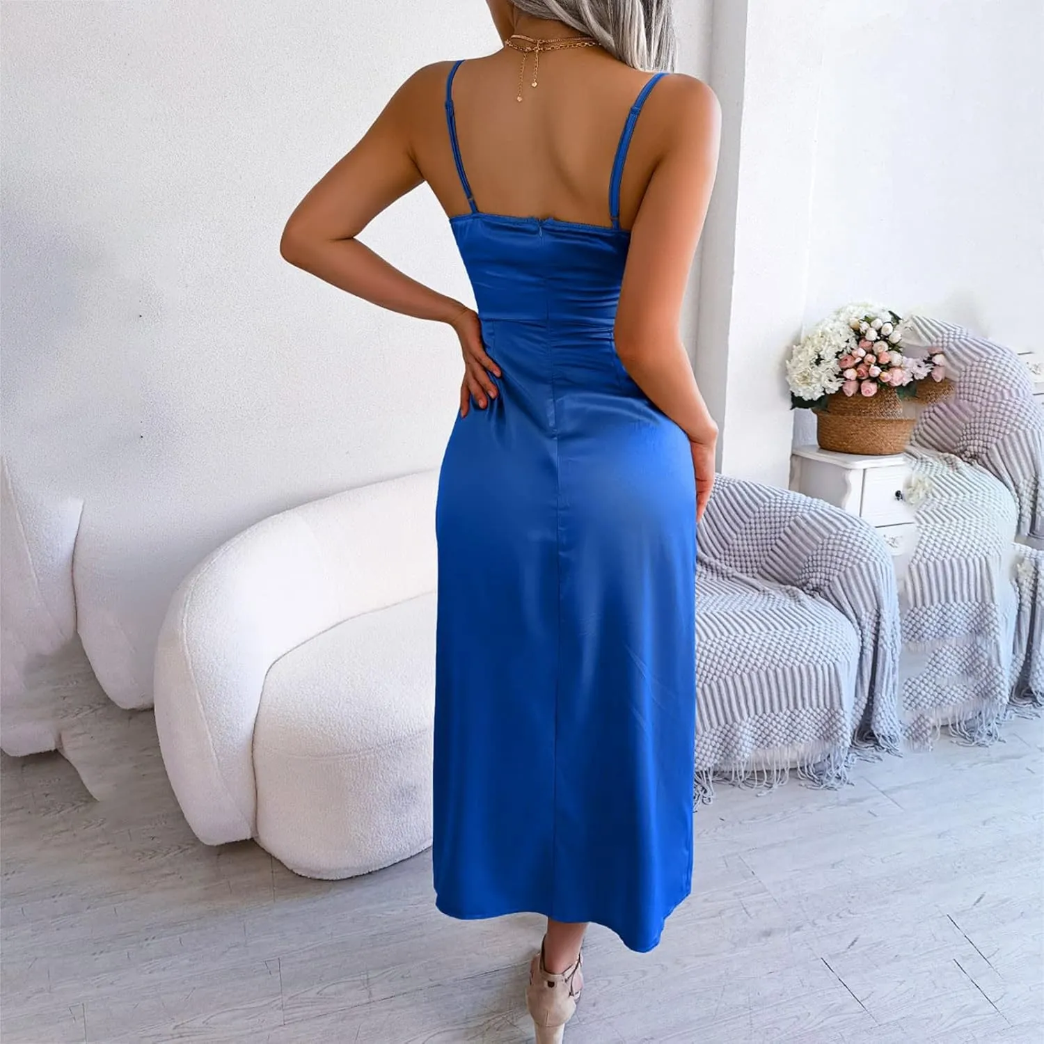 Women's Satin Slip Dress V Neck Backless Split Hem Ruched Bodycon Sexy Elegant Cocktail Party Club Midi Dresses