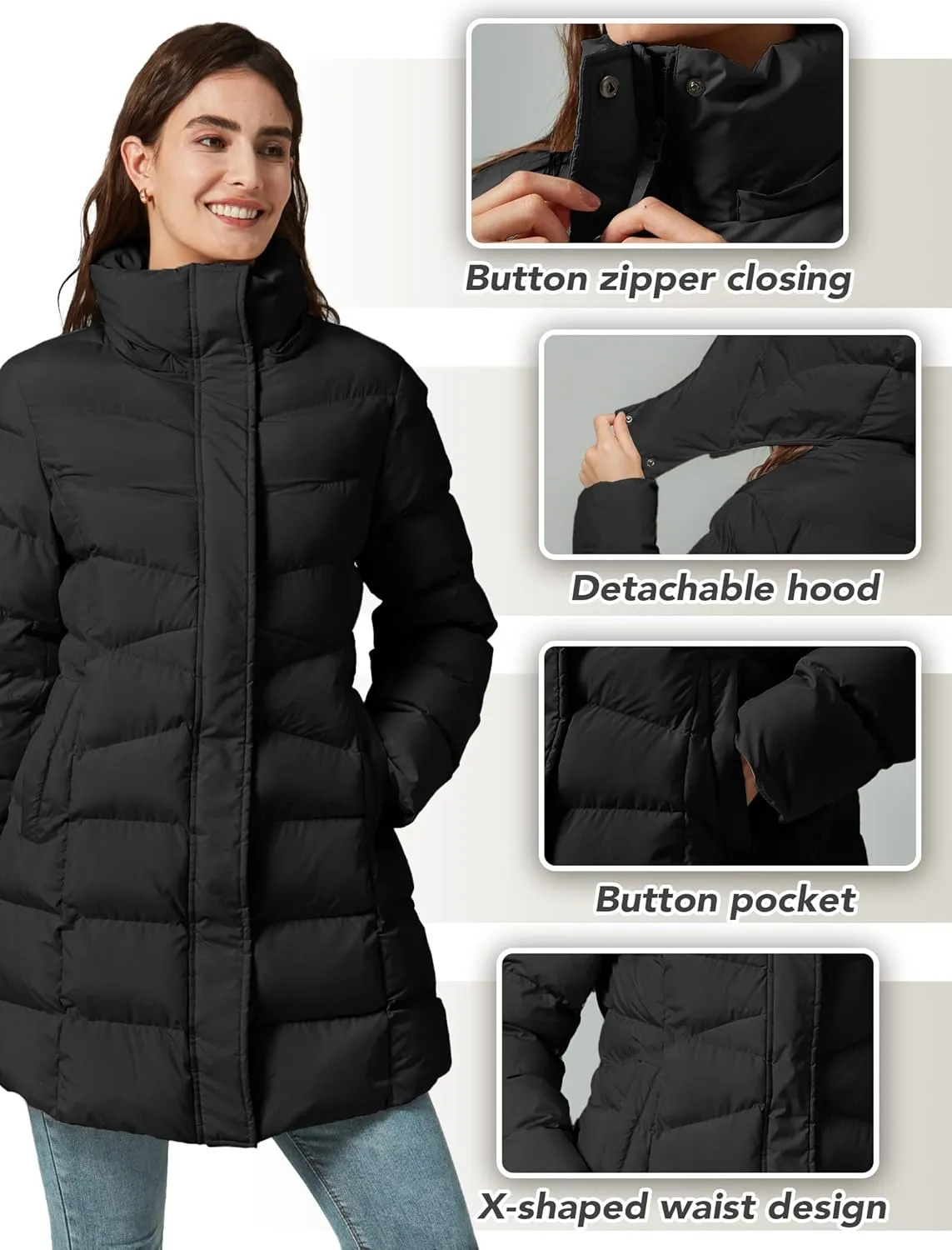Women's Winter Warm Long Puffer Jacket Detachable Hood Quilted Thicken Coats