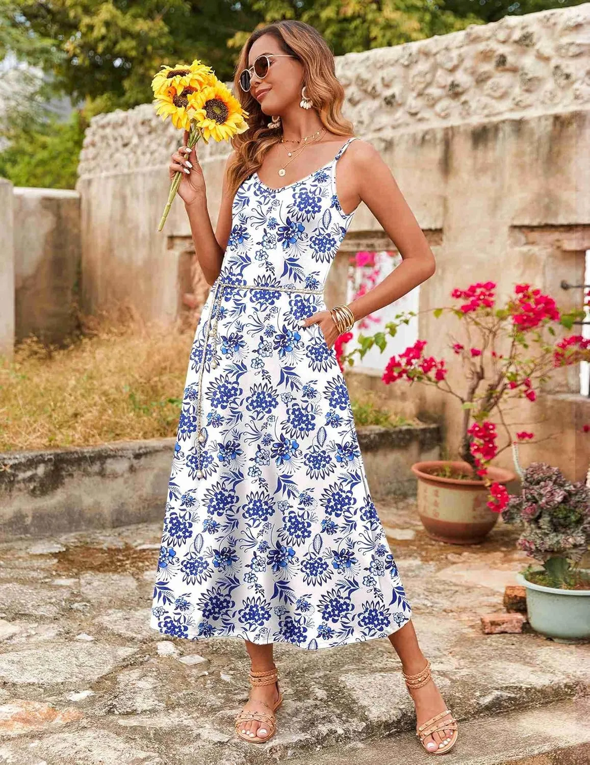 Zeagoo Womens Summer Maxi Dress Spaghetti Strap Casual Printed Dress Boho Floral Beach Sundress,