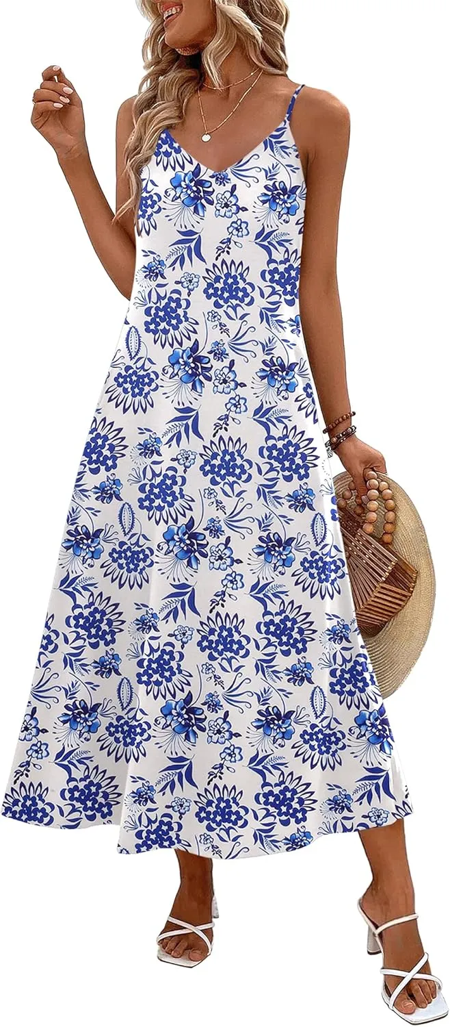 Zeagoo Womens Summer Maxi Dress Spaghetti Strap Casual Printed Dress Boho Floral Beach Sundress,