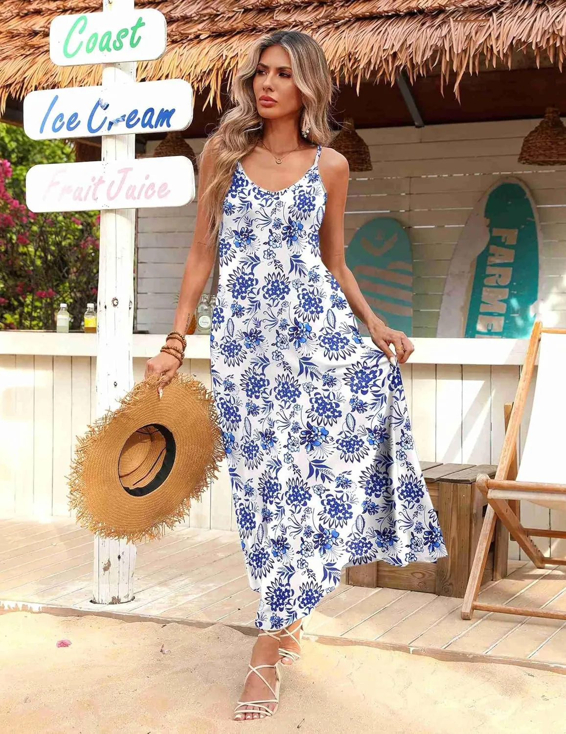 Zeagoo Womens Summer Maxi Dress Spaghetti Strap Casual Printed Dress Boho Floral Beach Sundress,