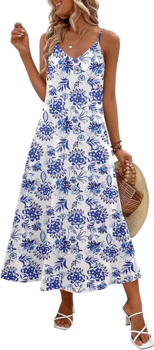 Zeagoo Womens Summer Maxi Dress Spaghetti Strap Casual Printed Dress Boho Floral Beach Sundress,